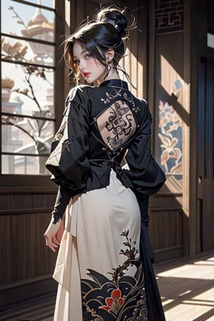 An extremely realistic, full-length image of a stunning woman with lifelike and intricate features is described. She boasts an elaborate tattoo on her back, adding a layer of sophistication. Her attire is influenced by beautiful oriental designs, and the composition embodies the essence of refined anime art. The image is set against a lush, vivid backdrop that enhances her character's appearance, highlighting her elegance and the elaborate tattoo.