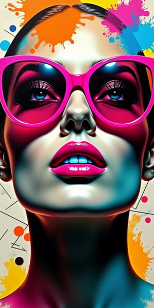 A stunning mixed media artwork: A woman's face, framed by glossy pink sunglasses, with reflection detailing upwards eyes featuring intricate designs. Soft-gray rendered nose centrally positioned, bold pink lipstick revealing blue-tinged teeth. Vibrant orange, blue, pink, yellow, and white paint splashes on beige textured canvas, overlaid with fine white lines and geometric shapes. High contrast, balanced gamma, flat even lighting, neon hues radiating from the subject's face, as if illuminated by an otherworldly glow.