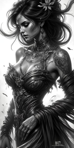 female, fantasy, beauty, in the style of noir comic art, realistic hyper-detailed portraits, tattoo, black and white grayscale, chicano art, realistic yet romantic, flowing lines --ar 23:36 --stylize 750 --v 6