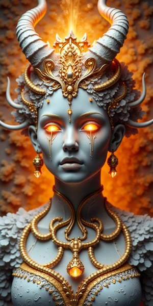 A regal visage, adorned with demon-inspired finery in shimmering light gray and warm gold tones, is set against a vibrant, intricately sculpted background. The queen's face, rendered in realistic hyper-detailed portrait style, glows with an otherworldly aura, as if infused with the essence of white and amber hues. Framed by a 3:5 aspect ratio, this fantastical depiction captures the majesty of the demon-attired woman, as if torn from the realm of the real.