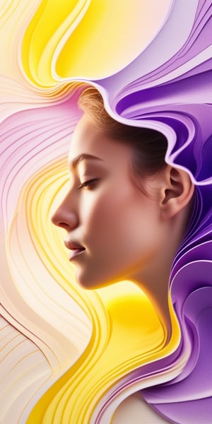 A dreamy portrait of a woman's face, rendered in swirling hues of yellow and purple, evoking the ethereal dance of water molecules. Soft, gradient-tinged lighting emanates from the center, gradually intensifying towards the periphery where intricate patterns burst forth in vibrant colors. The overall texture mimics the rippled surface of water or marbled paper, with gentle light play imbuing the composition with depth and kinetic energy.