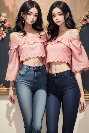 glamorous, high heels, happy look, long legs, slim waist, beautiful body, high detail body, beautiful hands, high detail hands, beautiful look, high detail eyes, ((Pink Off Shoulder Ruched Lace Crop Top, jeans blue)), park city, (((superior quality))), (((masterpiece))), black hair, natural light, natural color