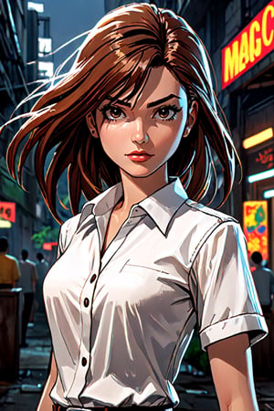 a girl with white shirt, in the style of comic book-style art, rendered in maya, junglecore, dark brown and white, soft-focused realism, neogeo, trashcore 