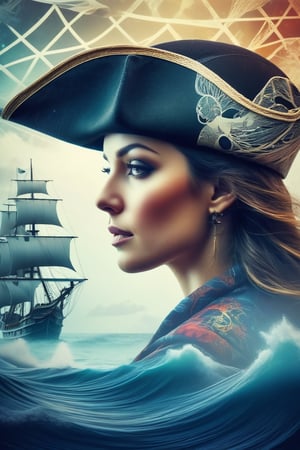 mysterious silhouette woman with a pirate-hat, amazing depth, double exposure, surreal, pirate-ship, ocean, storm, pattern, rope geometric patterns, intricately detailed, bokeh,  perfect balanced, deep fine borders, artistic photorealism, vivid colours, smooth,  with a white background