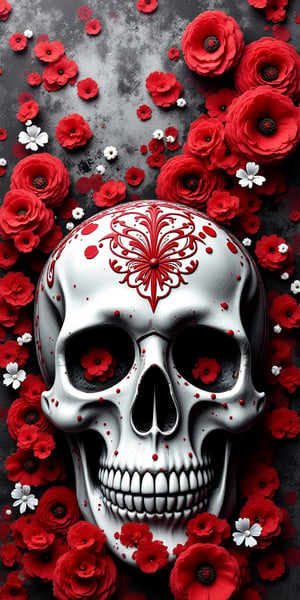 the skull, day of the dead art by linyu hong, in the style of dark white and red, graffiti art, realistic hyper-detail, intricate composition, monumental murals, silver and red, contemporary chicano --ar 1:2 --stylize 750 --niji 6