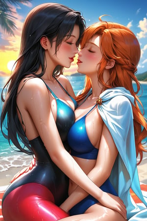 (masterpiece), best quality, 2 girls, (1 girl orange hair, long hair, blush on the cheeks, closed eyes, side ponytail, stretches to kiss 2 girl, swimsuit), (2 girls, black hair, long hair, green eyes, white wet cape, stretches to kiss 1 girl), last summer, last evening, last sunset, (lying on the beach), clouds, close view