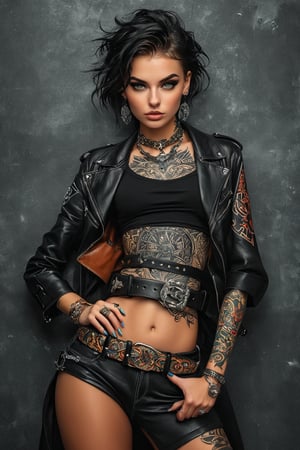 there is a young woman . she is wearing a belt, solo, jewelry, tattoo, belt, 1girl, add_detail:1, add_detail:0, add_detail:0.5, loraeyes