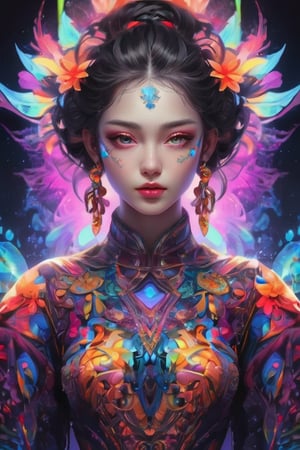 (masterpiece, top quality, best quality, official art, beautiful and aesthetic:1.2), (1girl:1.3), extremely detailed,(fractal art:1.2),colorful,highest detailed,( zentangle neon:1.2), (dynamic pose), (abstract background neon:1.5), (treditional dress:1.2), (shiny skin), (many colors:1.4), upper body ,Neon,16K,Full HD