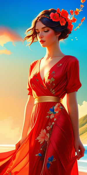 create an image UHD (32 k) of an ethereal woman in red dress with flowers,perfect face ,perfect eyess  ultra elegant, hyper ornate, romantic, texture and fabric, surrealism, best quality, style ((Rolf Armstrong,)) golden ratio, Masterpiece hires HDR, Cinemati, sharp focus, lush illumination, hyperrealism, Watercolor, trending on artstation, sharp focus, studio photo, intricate details, highly detailed, brought to life by Pino Daeni's expert brushstrokes, ultra-fine details in the lines, saturated colors, dramatic lighting ., chiaroscuro effect, high contrast,
by greg rutkowski,, unreal engine, greg rutkowski, loish, rhads, beeple, makoto shinkai and lois van baarle, ilya kuvshinov, rossdraws, tom bagshaw, alphonse mucha, global illumination, detailed and intricate environment