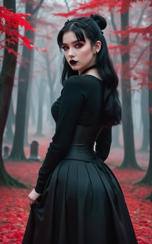 A goth girl stands amidst a dark forest, near a cemetery, her glowing red eyes piercing through the gloom. Her long, black hair is tied back in a ponytail with a red ribbon, and blunt bangs frame her pale face. Black lipstick accentuates her plump lips, while her brown eyes seem to bore into the viewer's soul. She wears a tight black sweater, perky breasts straining against the fabric, topped by a black corset that cinches at her waist. Her big ass and wide hips are clad in a flowing black pleated skirt, paired with black pantyhose and high heel boots that add to her menacing allure.