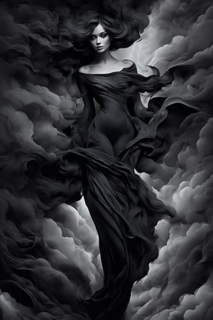 Beautiful female, made with black on black smoky layers, surrealism,
