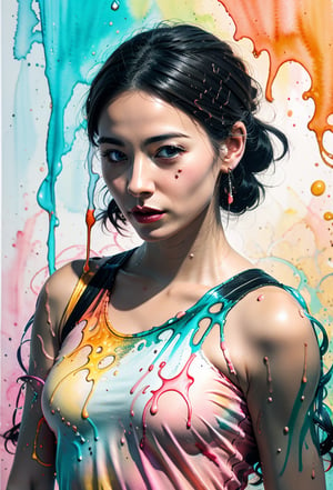 A whimsical watercolor-inspired portrait of a woman, bathed in the soft glow of spring lights. Her features are delicately rendered with pastel hues, as if kissed by the gentle warmth of the season. Ink drips and bleeding edges add an air of artistic experimentation to her luminous design. In the background, black and orange splashes dance across the composition, infusing the scene with vibrant energy.