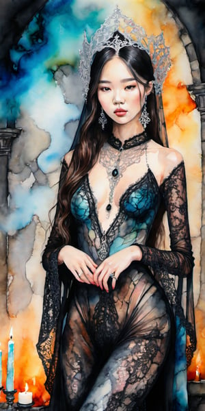 Colorful alcohol ink painting. Full body image of a female 18 year old stunning Korean, wearing a torn lace bodysuit with silver buckles and a long black lace veil and ritualistic silver jewellery  in a dark medieval castle enlightened with burning candles. 