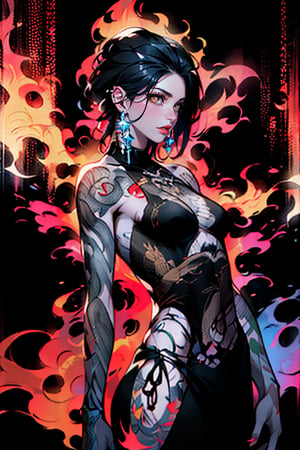 Digital painting in the style of Brian Viveros, female fire performer clad in dark, billowing attire on stage, flames flickering to create stark, dynamic shadows enveloping her form, background dimly illuminated to accentuate the dance of light and shadow, atmosphere charged with enchantment, volumetric lighting, ultra realistic, dramatic lighting.