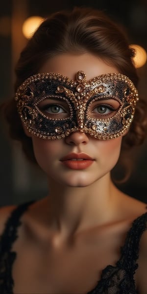 girl in a beautiful mask decorated with beads and stones, in the style of the great gatsby, at a party