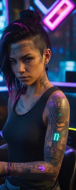 score_9, score_8_up, score_7_up, On the cybernetic streets of Night City, Judy Alvarez from "Cyberpunk 2077" works on a neon-lit tech project. Her tattooed arms and focused gaze accentuate her tech-savvy skills and rebellious allure, making her a standout character in a dystopian world.