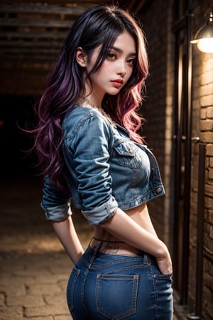 (masutepiece, Best Quality), ultra-detailliert, Photorealsitic, beautiful woman with purple hair, ((Dense and sexy cropped shirt)), Skinny Jeans, denim jackets, a necklace, Wavy Hair, Perfect face, Beautiful face, enticing, big gorgeous eyes, I have my mouth wide open, Happy, heavy make up, Pink lips, Dark Eye Makeup, maroon eyes, seducting smile, Glamorous body, Big ass, (Basement at night), Pose Seductive
