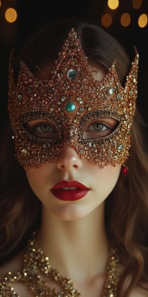 girl in a beautiful mask decorated with beads and stones, in the style of the great gatsby, at a party