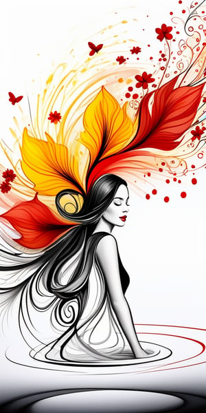 Minimalistic ink drawing, German French beauty floating amidst delicate swirls of black, red, and yellow watercolor flowers, harmony symbolized, ultra-realistic HD, vivid colors, UHD drawing, pen and ink, perfect composition, intricately detailed octane render, 16k resolution, photorealistic concept art, soft natural light, volumetric cinematic lighting, award-winning artistic vision.