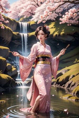 A graceful, brown-haired geisha in pink traditional Japanese kimono, gold accessories, elegant stance, holding a cherry blossom-patterned folding fan, enchanting eyes, delicate edge lighten by shimmering pink petals, epic water and nature and illusion bending shot, Cinematic art, super high detail 