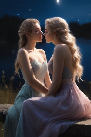 (((masterpiece))), (2girls:1.5), hyper detailed, highres, ((best quality)), (extremely delicate and beautiful), {8k cg wallpaper}, illustration, (blush), (braided ponytail | ponytail | hairbun), (extremely detailed background:1.6), (very long white hair|blonde hair), outdoors, bridge, hair ornament, (gloves, glasses:0.8), (from behind:1.3), sitting, river, riverbank, starry sky, (holding hands:0.6), on grass, (kiss, surprise kiss:1.2), (sitting on ledge), shooting stars, starry sky, blue moon, planets, saturn (planet), jupiter (planet), comet, closed eyes, strapless, rainbow dress, iridescent, iridescent dress, sleeveless dress, full moon, supernova, 