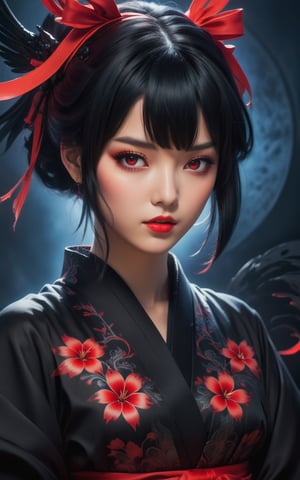 A close-up shot of a mysterious anime girl, skrdef-inspired design, with piercing red eyes and raven-black hair framing her face. Bangs cascading down her forehead, a black kimono draped over her bare back, adorned with a striking back tattoo. She's gazing directly at the viewer, parted lips hinting at intrigue, as she turns to reveal a tantalizing glimpse of her derrière. A fiery red bow adorns her hair, complemented by a matching headgear, as the camera lingers on her enigmatic expression.