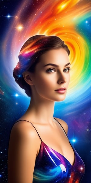 Glass Galaxy 
Create an image depicting  the portrait f a beautiful woman front  of a universe where stars, planets, and galaxies are made entirely of colorful, translucent glass, refracting and reflecting light in dynamic patterns.