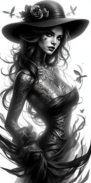 female, fantasy, beauty, in the style of noir comic art, realistic hyper-detailed portraits, tattoo, black and white grayscale, chicano art, realistic yet romantic, flowing lines --ar 23:36 --stylize 750 --v 6