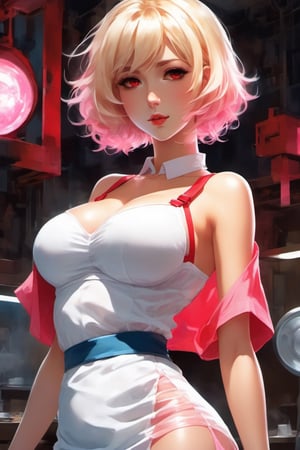 1girl, solo, Close-up of a girl with short blonde hair, red eyed girl, two side up, pretty girl, big breasts, girl with very big breasts, Made at Anime Painter Studio, Tits, clothing:white bra, a girl is standing, anime style, sexy atmosphere, naval, midriff, wore mini-skirt, happy face, Are standing, bra with an white, mini-skirt with an pink, anime dick!!!!, bare shoulders, bare arms, from the front, bra and mini-skirt only,