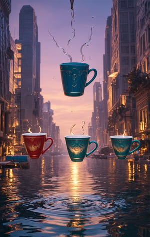 Vibrant Art Deco coffee cups suspended mid-air, as if frozen in a whimsical dance, amidst an afrofuturistic cityscape at dusk. Expressive facial animations of joy and curiosity radiate from the subjects, surrounded by paint-dripped water ripples and realistic reflections. Caravaggist lighting accentuates the hyper-realistic details, while digital art techniques blend the organic and synthetic elements.