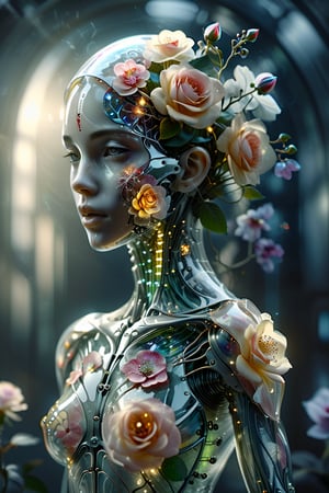 A stunning image of a transparent glass female cyborg standing solo against a simple futuristic background. The subject's clear glass skin glistens in the soft backlighting, emphasizing her translucent complexion. Vibrant flowers replace her skeleton and organs, with mechanical joints visible beneath the petal-like structures. Her heart beats with roses, lungs breathe with hydrangeas, and brain pulses with orchids. Delicate petals spill from slight cracks in her glass skin, adding a touch of fragility to this elegant pose. The photorealistic style showcases intricate details on both the glass and floral elements.