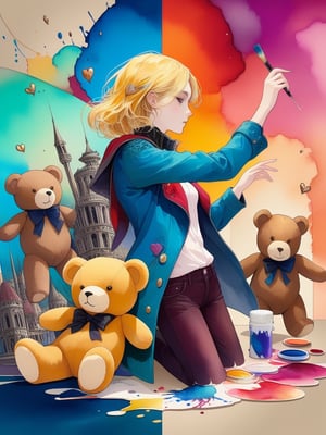alcohol ink, intricate details, flat illustration, vibrant colors, blond rebel, complex scene, intricate details, collage, multiple images in one art, teddy bears, bolero jacket, hearts, paint splash