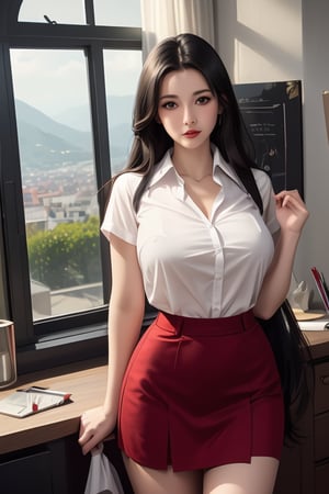 an animated drawing of the sexy woman in a red skirt and short skirt, skirt, breasts, shirt, train interior, white shirt, long hair, red skirt, cleavage, bra visible through clothes, black hair, collared shirt, shirt tucked in, pencil skirt, mole, see-through, bra, dress shirt, mole under eye, large breasts, solo focus