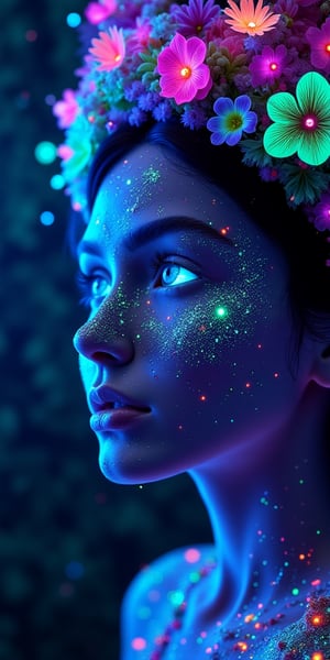 portrait | wide angle shot of eyes off to one side of frame, lucid dream-like woman, looking off in distance , style | daydreampunk with glowing skin and eyes, styled in headdress, beautiful, she is dripping in neon lights, very colorful blue, green, purple, bioluminescent, glowing , background | forest, vivid neon wonderland, particles, blue, green, purple | rule of thirds, golden ratio, assymetric composition, hyper- maximalist, octane render, photorealism, cinematic realism, unreal engine, 8k  --ar 16:9 --s 1000