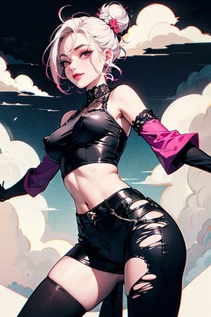 score_9, score_8_up, score_7_up,  score9, score8, score7, score6,
BREAK,
1 girl, solo, highly detailed, OverallDetail, goth girl, makeup, black lipstick, tiny pink horns, glowing purple eyes, multicolored hair, pink hair, white hair, short hair, single hair bun, japanese hairstyle, hair flower,  vampire teeth, 
BREAK,
(dynamic pose:1.5), arched back, smirk, aroused, tilted head,  dark_techwear, black laced highleg panties, (black nipple pasties:1.3),  torn thigh high socks, black lace sleeves, (wide hips:1.3), (midriff:1.3), big ass, 
BREAK,
black background,  (clouds:1.5),    