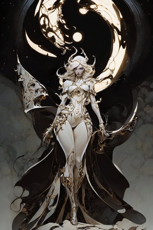 otherworldly astral dark queen, scifi, Greg Tocchini, bold lines, hyper detailed, (intricate details, masterpiece, best quality:1.2), black and ivory hue, looking at viewer, dynamic pose, back view, full body, in the style of nicola samori