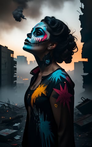 Whispering Horror Core Woman stands at the edge of a ravaged cityscape, her dark, textured hair and clothing blending with the smoky, apocalyptic haze. In a 3/4 view, she gazes out into the distance, her features illuminated by an otherworldly glow. A kaleidoscope of bright paint colors contrasts against the desolate landscape, accentuating her dramatic beauty. Sharp focus and dynamic composition emphasize her powerful pose amidst a backdrop of twisted metal and crumbling concrete. The air is thick with smoke and the whispers of horrors unseen, as Wadim Kashin and Carne Griffiths masterfully weave together graffiti and airbrushing techniques to create an awe-inspiring piece of artstation-inspired concept art.