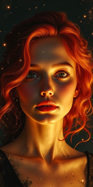 A striking portrait of a woman with fiery red locks and eyes that shine like stars. She gazes directly at the camera, her gaze piercing through the darkness. The framing is cinematic, with the subject centered and bathed in warm, golden light that casts long shadows across her face. Her porcelain skin glows with an ethereal luminescence, as if illuminated from within. The background is shrouded in mystery, a dark, misty veil that hints at secrets waiting to be uncovered. The brushstrokes are bold and expressive, blending oil and watercolor techniques to create a rich, textured effect. Chiaroscuro lighting casts dramatic shadows across her features, adding depth and dimensionality to this neo- artcore masterpiece, reminiscent of Charlie Bowater's epic portraits.