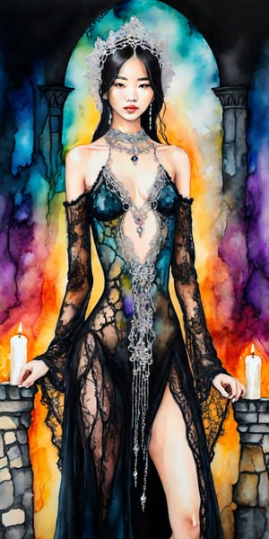 Colorful alcohol ink painting. Full body image of a female 18 year old stunning Korean, wearing a torn lace bodysuit with silver buckles and a long black lace veil and ritualistic silver jewellery  in a dark medieval castle enlightened with burning candles. 