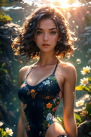 swimsuit, upper body, masterpiece, best quality, beautiful young girl, medium shot, detailed face and eyes, dress, underwater hair physics, air bubbles, light coming through water, solo focus, depth of field, ambient lighting, atmospheric, intricate details, soft light, artstation, plants, flowers, sunset, hills, sunlight, soft light