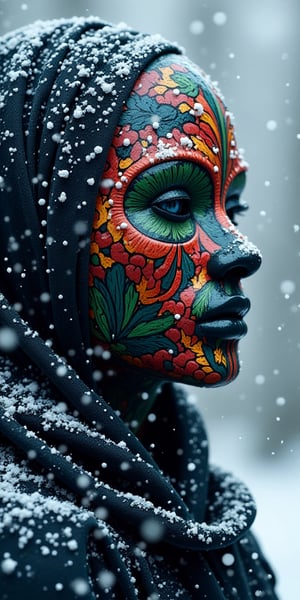 A mystical wintertime scene unfolds as DamShelma's artistry brings forth an enchanting lady, veiled by a traditional African voodoo mask. Amidst the heavy snowfall, intricate patterns on her mask seem to shimmer, amidst the frozen landscape's eerie allure. The tropical mask's vibrant hues contrast with the frosty environment, where snowflakes gently drift down, as if blessing this mystical moment.