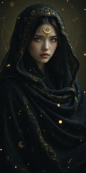 A mysterious figure shrouded in a dark, intricately patterned veil, her beautiful face adorned with a golden crescent moon and constellations. The eyes gleam with an otherworldly light, hinting at the power and secrets held within. A composition that creates a sense of mystery and attraction. The expressions of the figures are unreadable, leaving the viewer guessing at the intentions and stories they hold in their gaze.