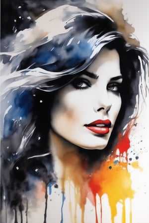 painting of a woman with a black and white face, Sylvia Pelissero watercolors, tumbler, abstract art, Intense watercolor painting, watercolor detailed art, Watercolor Splash, surreal, Avant-garde pop art, Beautiful and expressive paintings, Beautiful artwork illustration, very colorful tones, wonderful, cool beauty, highest quality,official art, women only, sharp outline, best shot, vector art, Written by Sandra Chevrier, Dave McKean、by Richard Avedon、Written by Makiezi Kusiala