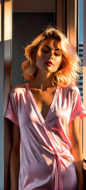 A serene blonde woman, skin aglow, basks in golden hour warmth within a high-rise apartment's sleek confines. Morning sunrise pours in, casting dramatic shadows across her features, as she stands confidently in pink nightwear. The 50mm lens masterfully frames her slender figure, guided by the golden ratio.