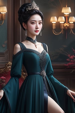 tmasterpiece, Best quality, (Very detailed CG unified 8k wallpaper) (Best quality), (Best Best Illustration), (The best shadow) Yujie’s makeup is neutral yet powerful,Eye makeup is deep and provocative,Eyebrows are long and capable,Lip color is deep and sexy,Exaggerated eyeliner and thick eyelashes make her eyes more lively。Her facial features are three-dimensional and have clear lines,Exudes domineering and confidence。

appearance,She is tall and slender,Elegant temperament,The tall and straight posture exudes a kind of nobility and calmness。Her straight shoulders and slender legs show off her perfect body proportions。

In clothing,She chose elegant items in dark colors,Create a noble yet charming royal sister style。The black slim-fitting dress shows off her graceful figure,Wear it with a pair of heels,Make her more outstanding。meanwhile,Her hair is neatly combed back,Simple and elegant,It further highlights her noble and charming image。