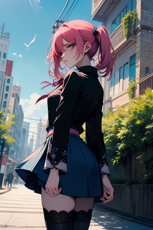 1girl, blue skirt, blue sky, blurry, blurry background, blurry foreground, building, city, cityscape, day, depth of field, house, outdoors, photo background, power lines, road, skirt, sky, skyscraper, solo, stadium, street, thighhighs, town, tree, zettai ryouiki, short twintails, pink hair, tokyo \(city\), japan, masterpiece, best quality, digital art, intricate detail, 