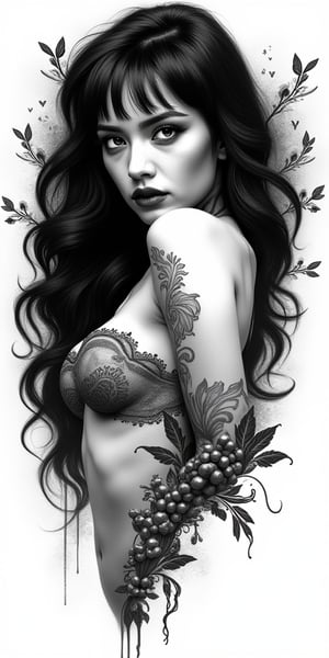 female, fantasy, beauty, in the style of noir comic art, realistic hyper-detailed portraits, tattoo, black and white grayscale, chicano art, realistic yet romantic, flowing lines --ar 23:36 --stylize 750 --v 6