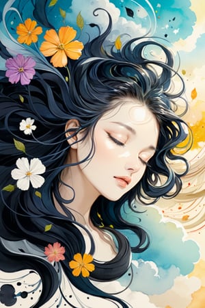 (ink art, ink illustration, ink, rough:1.4), (flowing lines), dreaming, dreams, sleeping, eyes closed, floating, peaceful, colourful hair, flowing hair, hair flowing into ink, swirling ink, highly detailed background, flowers, clouds, multicoloured, obscured, (((abstract))) , 