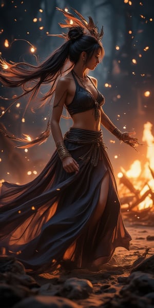 dancer with feathers and jewelry at night on the beach by the fire in the style of magali villeneuve, eve ventrue, anna dittmann, realistic depiction of light, luminous pointillism, daz3d, the stars art group (xing xing) , sultan mohammed, burned/charred