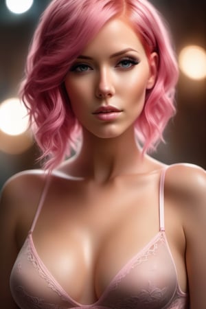 Full-size photo of a beautiful lingerie model with pink hair.  (Masterpiece: 1.5) (Photorealistic: 1.1) (Bokeh) (Best Quality) (detailed skin texture, Pores, Hair: 1.1) (intrikate) (8K) (HDR) (wall paper) (Cinematic lighting) (Sharp focus )(Sexy),